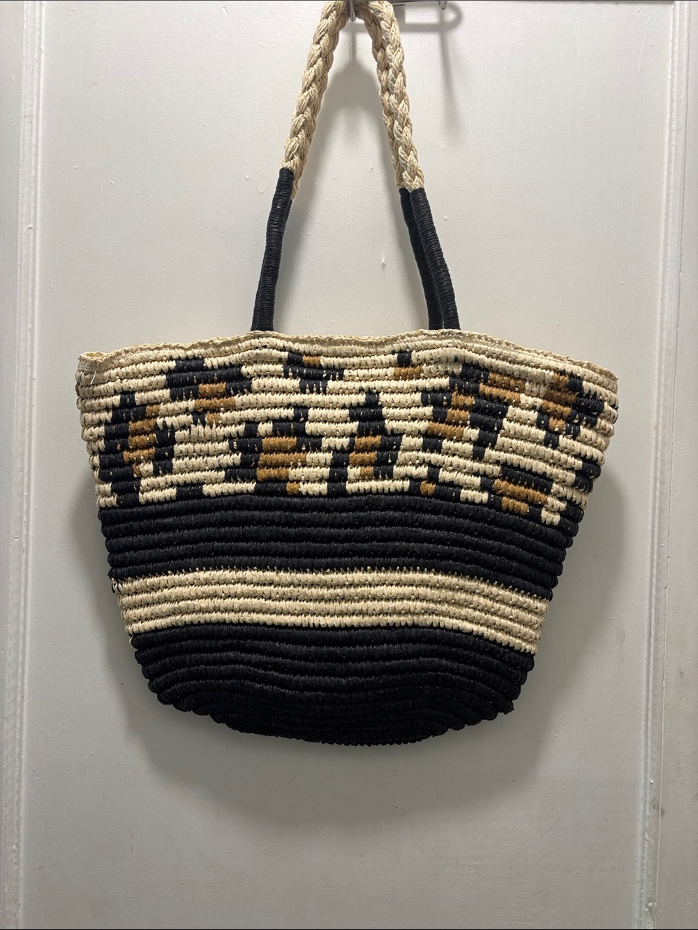Woven Straw Tote Bag in Black and Cream with Brown Accents